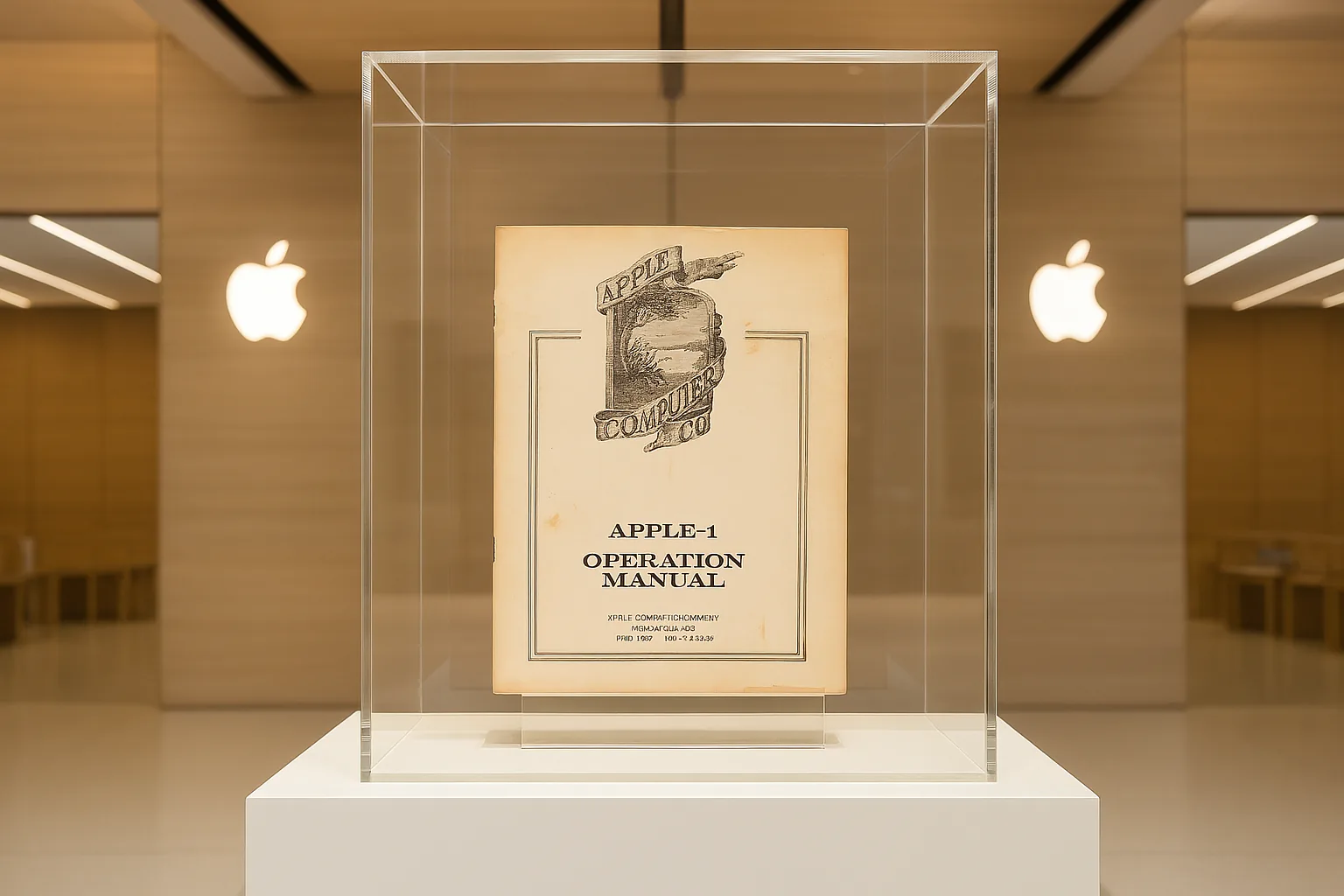 Draft visualization of the Apple-1 manual displayed under glass in a museum environment.