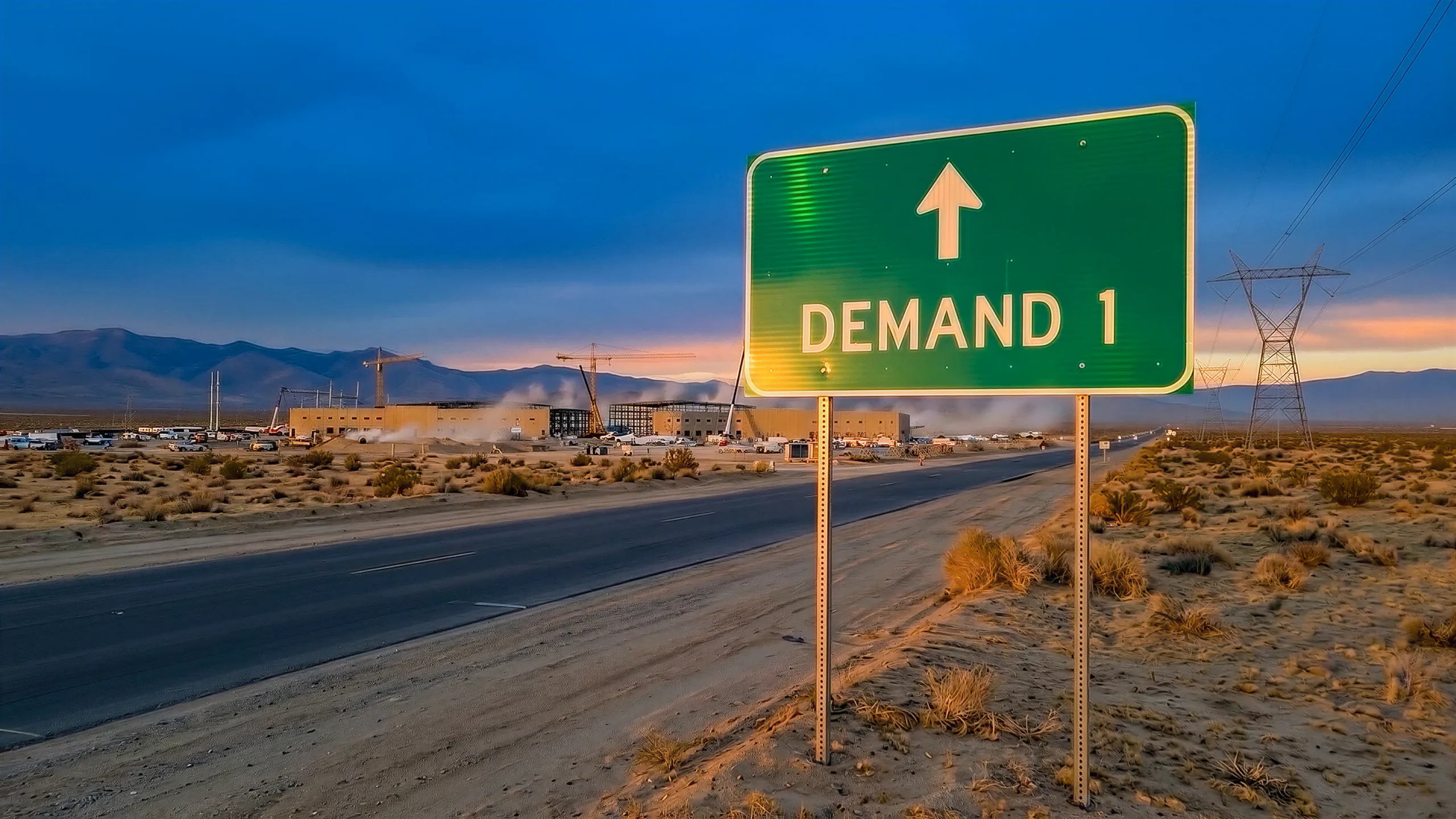 Constructed industrial landscape with a road sign reading Demand 1.