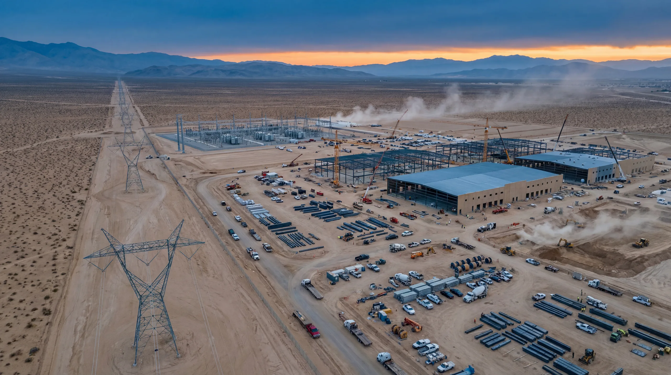 Constructed wide view of transmission infrastructure and an energy facility beneath a sunset sky.