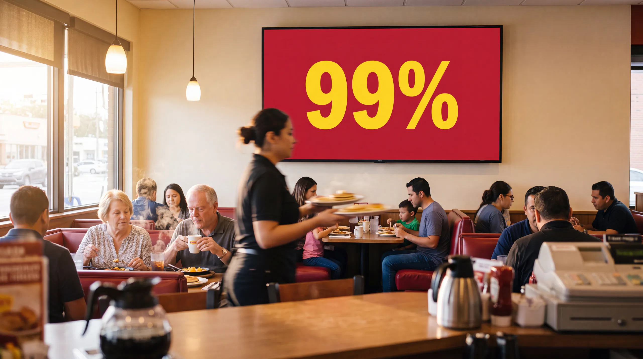 A 99 percent figure displayed inside a busy Denny's restaurant.