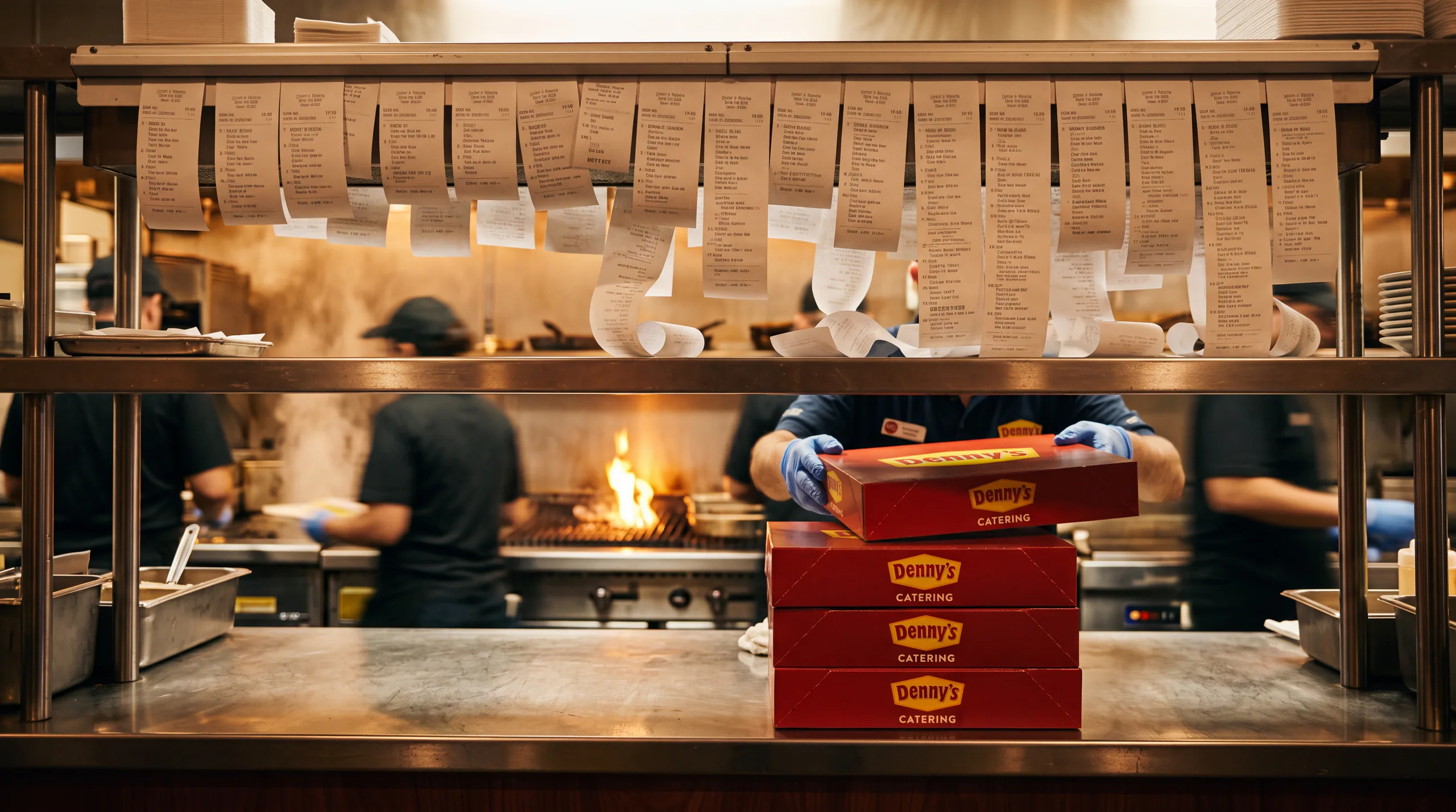 Order tickets line a busy Denny's kitchen pass as catering boxes move through the operation below.