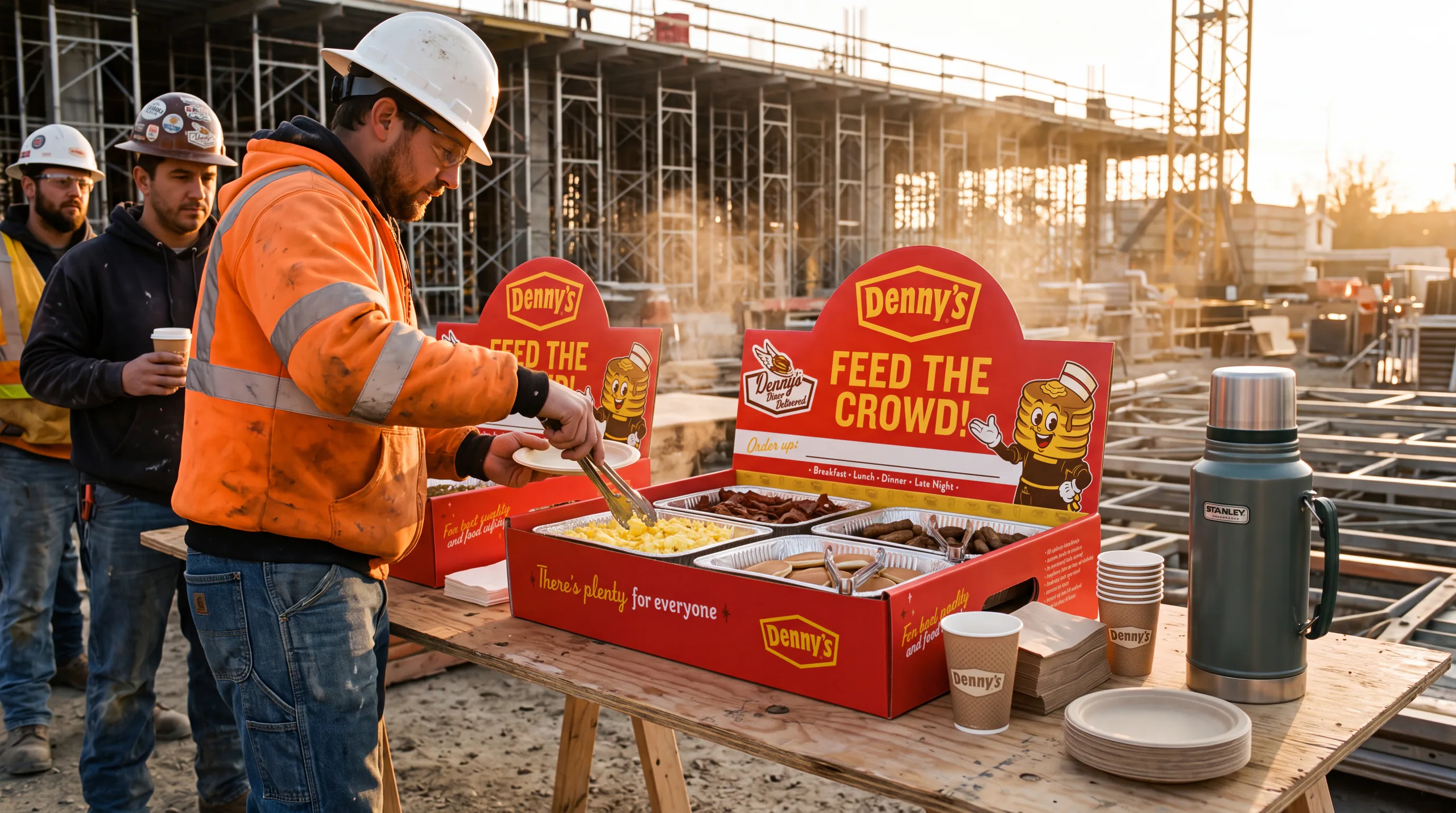 Construction workers serving breakfast from Denny's catering boxes at a jobsite.