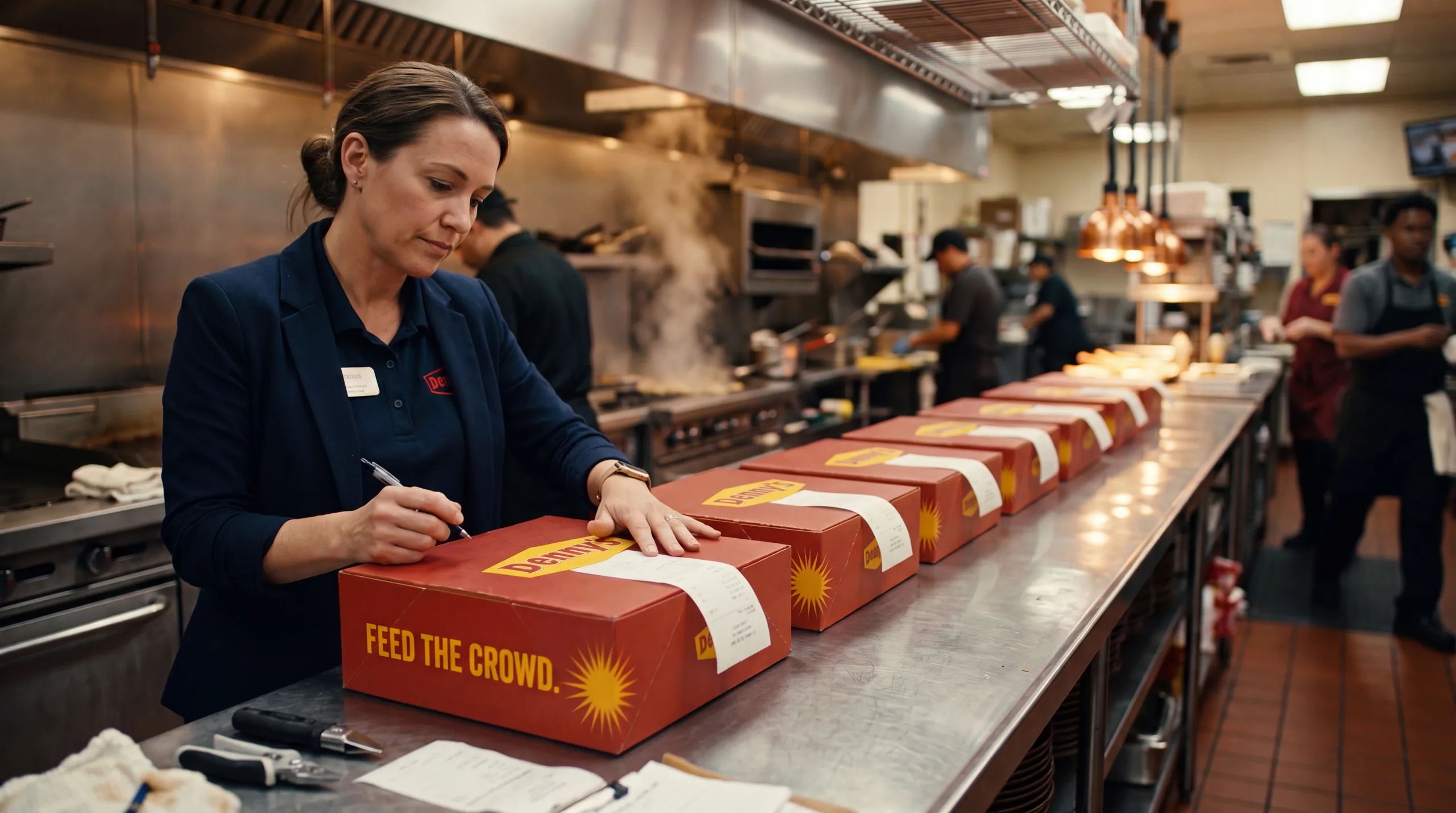 Manager checking a line of Denny's catering boxes in a working restaurant kitchen.