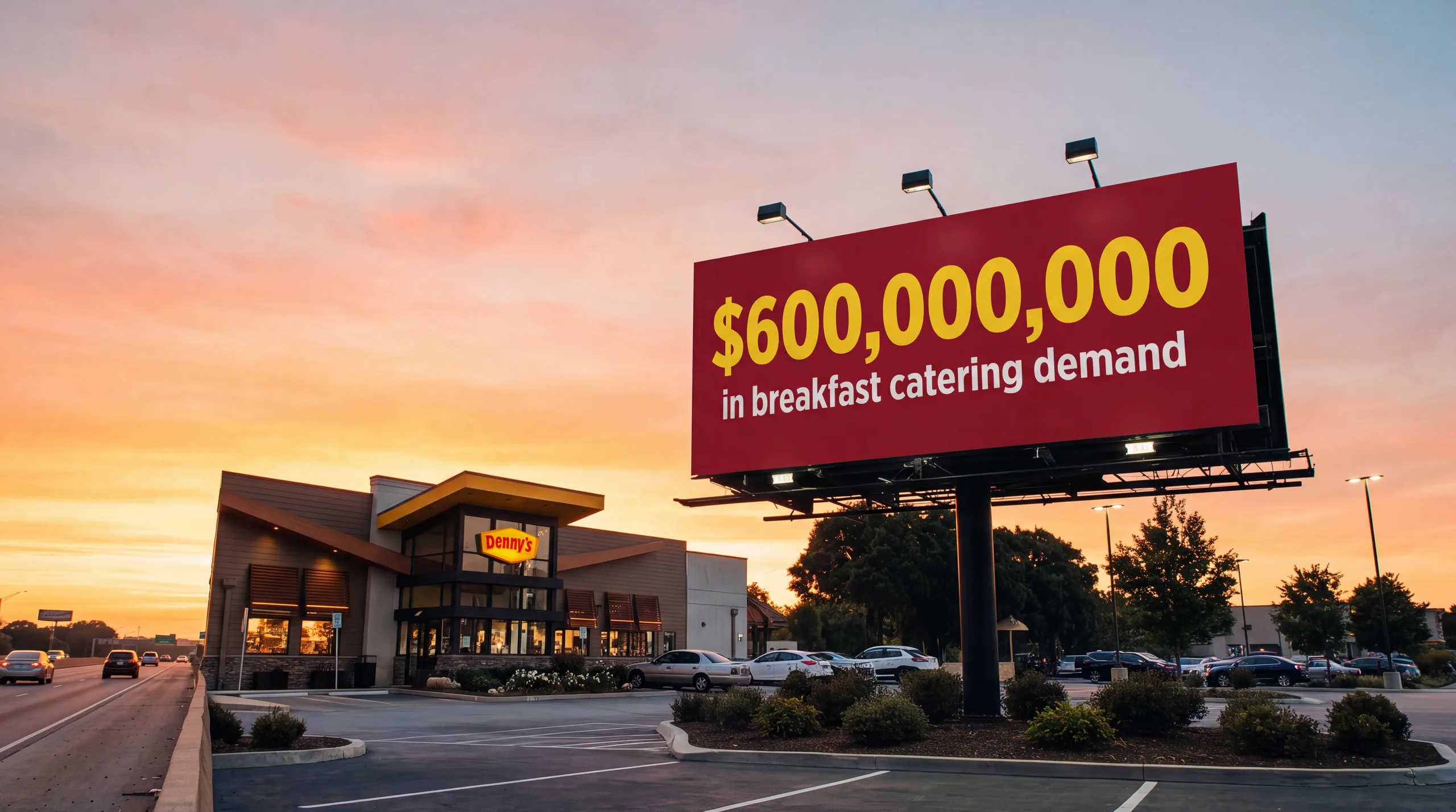 Denny's restaurant at sunrise beneath a billboard representing the breakfast catering opportunity.