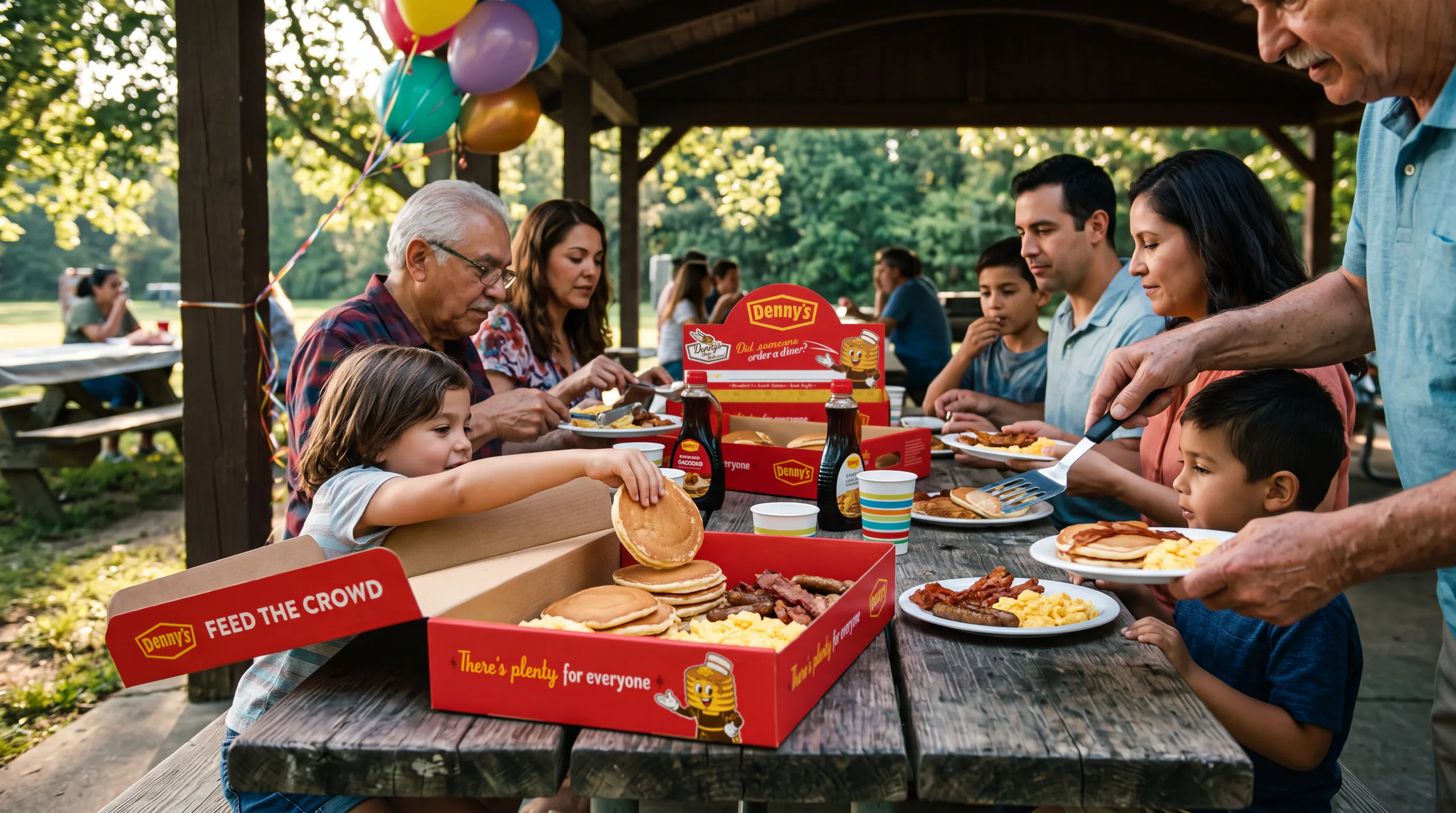A large group sharing Denny's catering food at an outdoor gathering.