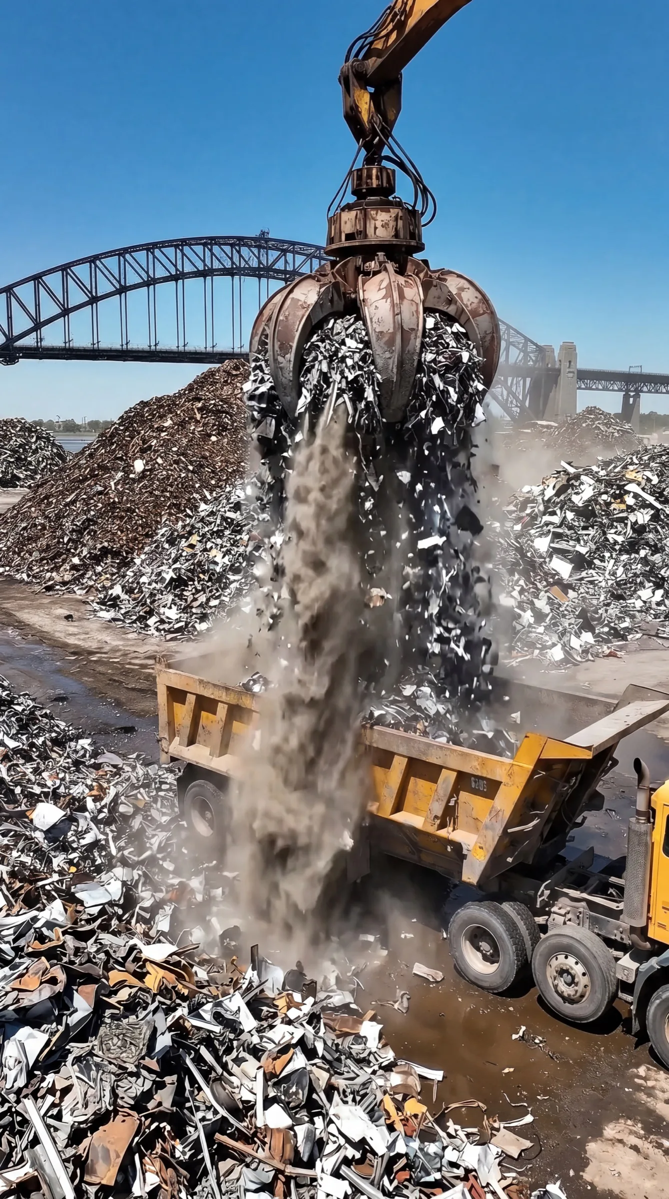 Large recycling crane lifting metal against a clear blue sky and industrial bridge.