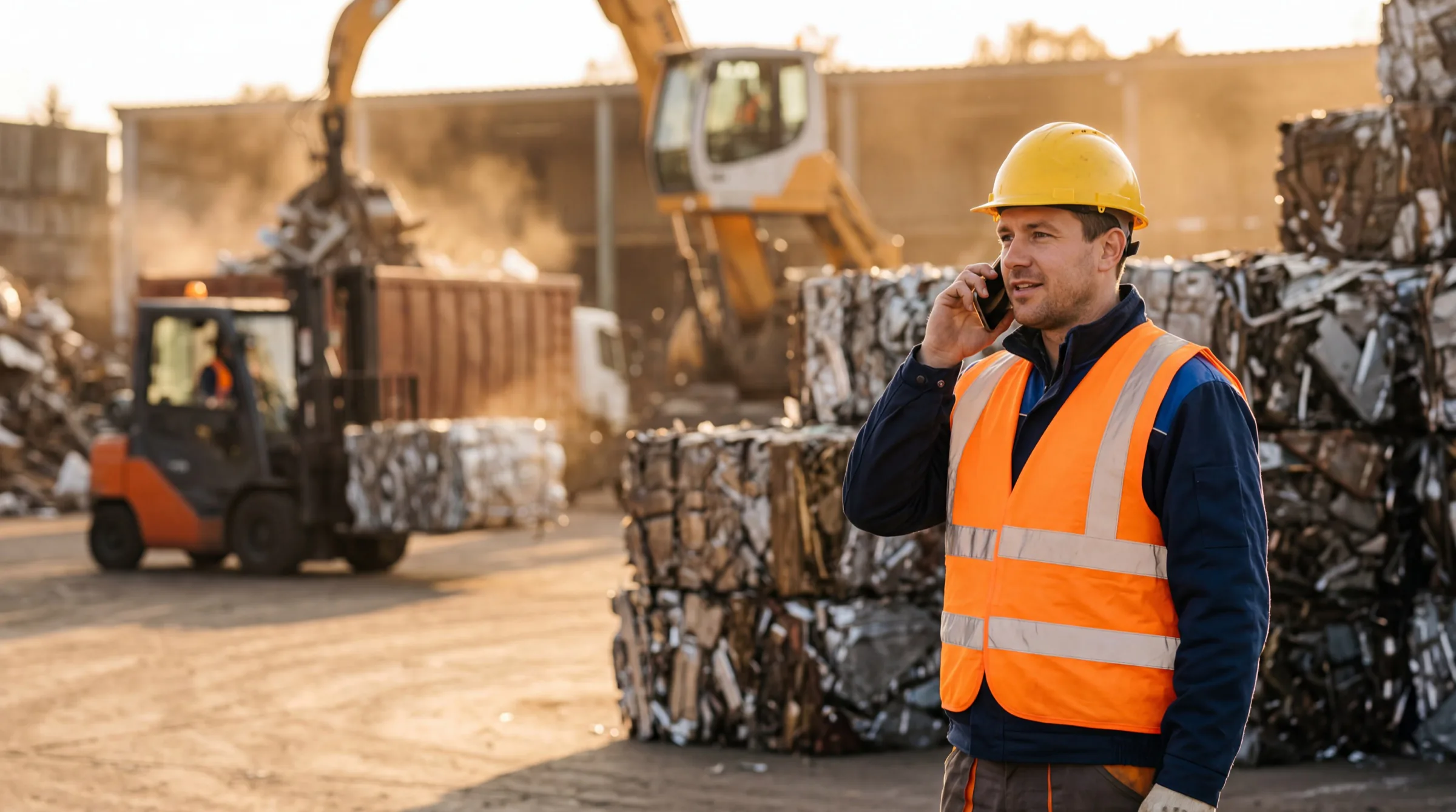 A recycling-yard operator speaking on the phone among baled metal, machinery and warm industrial light.