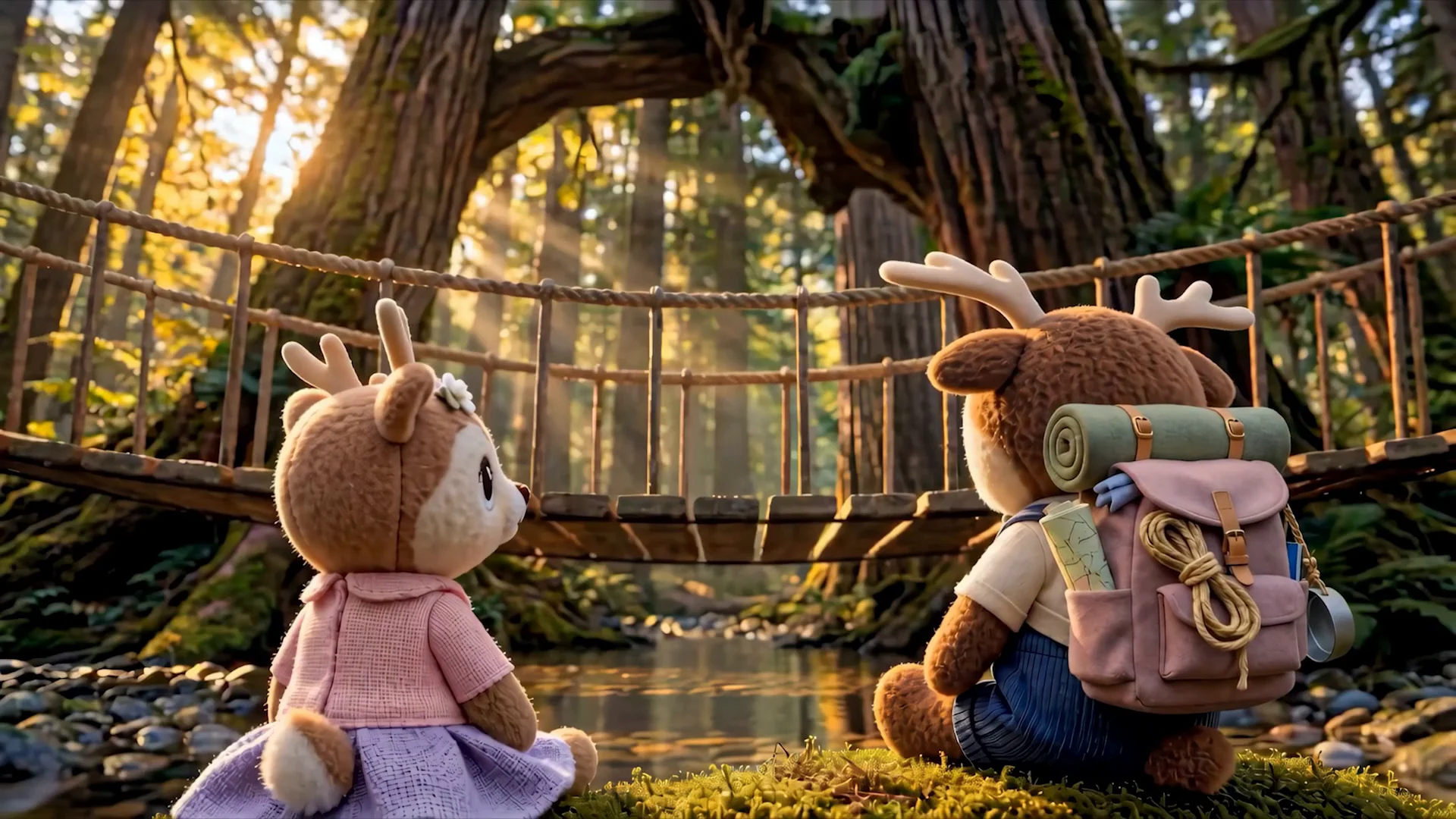 Juniper and Ollie face a rope bridge in Tiny Travelers.