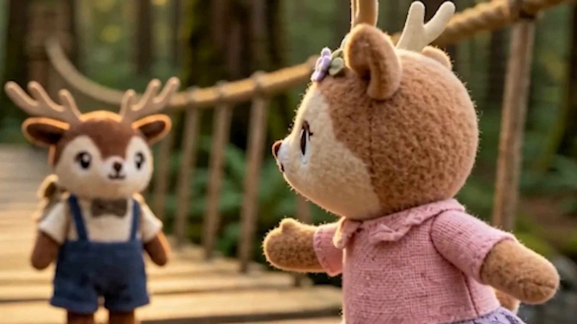 Juniper reaches back to help Ollie cross the rope bridge in The Giant Wobbly Bridge.