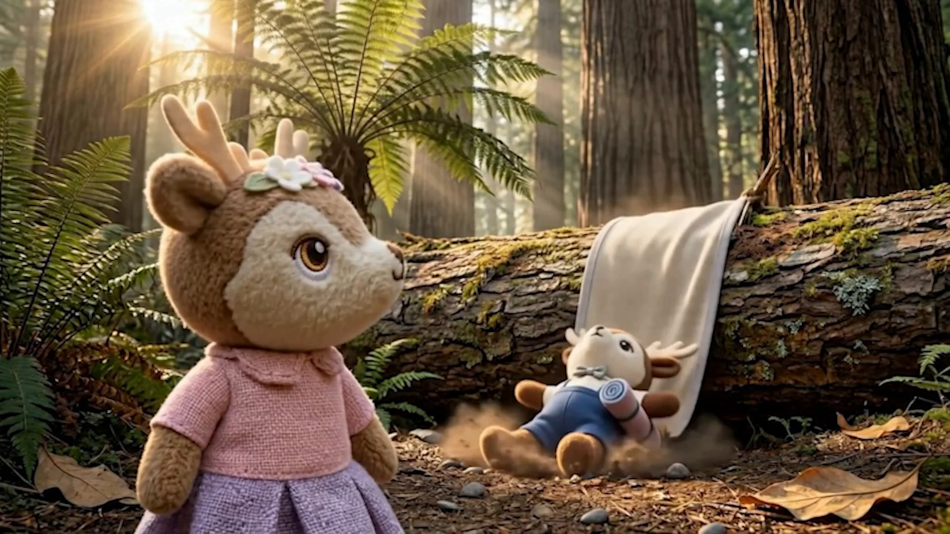Ollie tumbles beside his backpack while Juniper looks back at him in the forest.