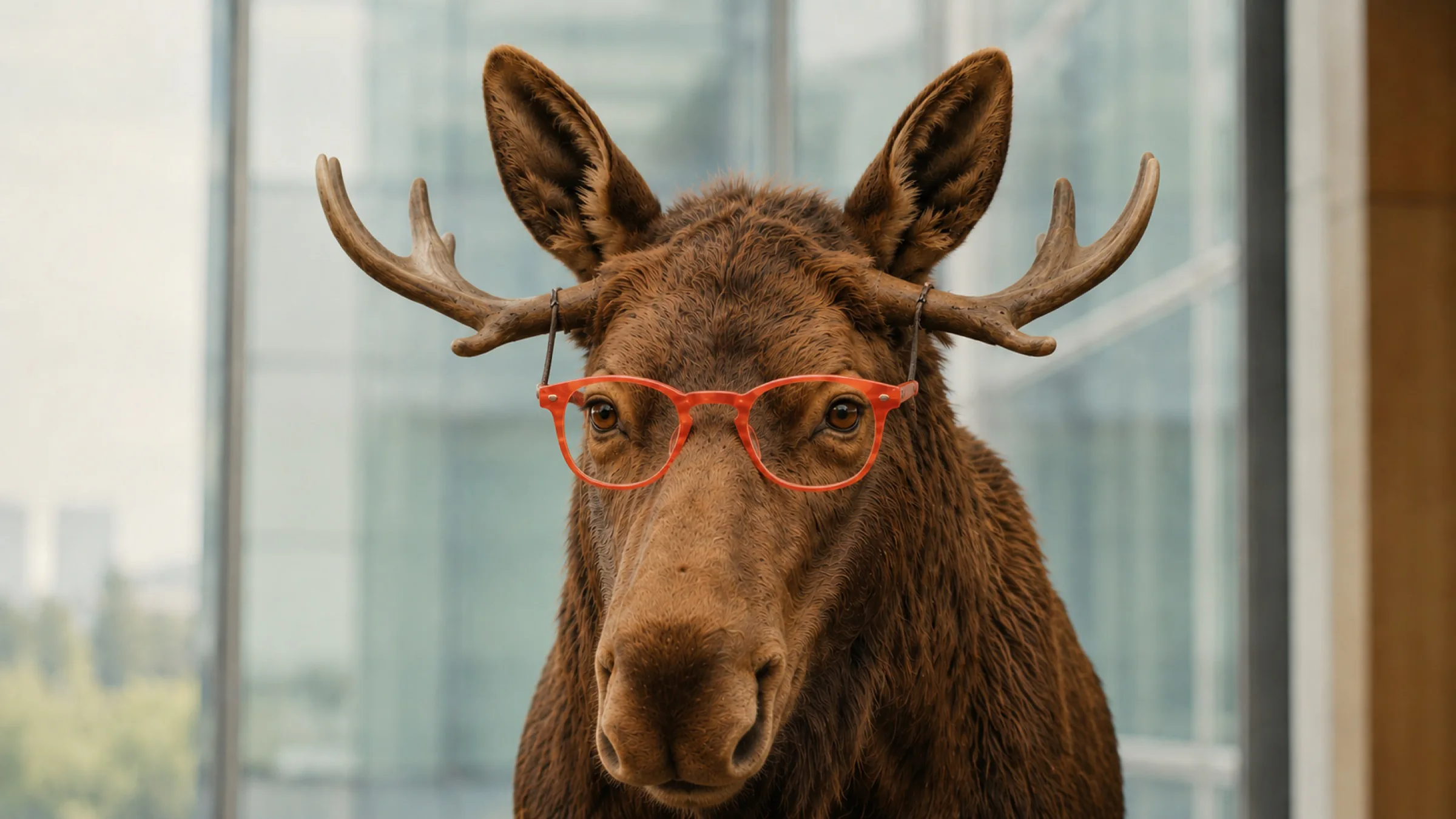 AnonyMoose wearing bright orange glasses in a contemporary office.