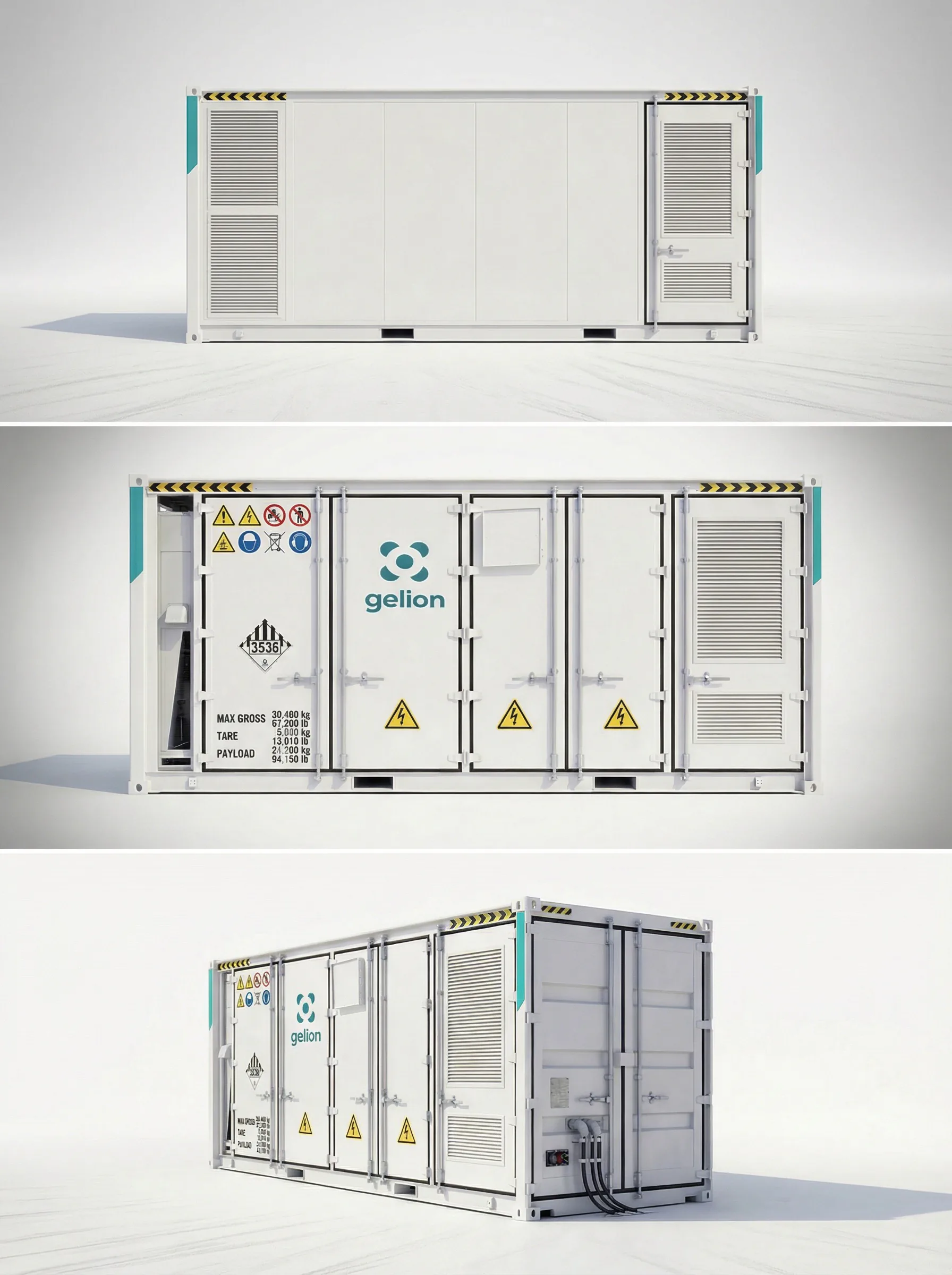 Gelion's containerized energy-storage system shown in three product views.