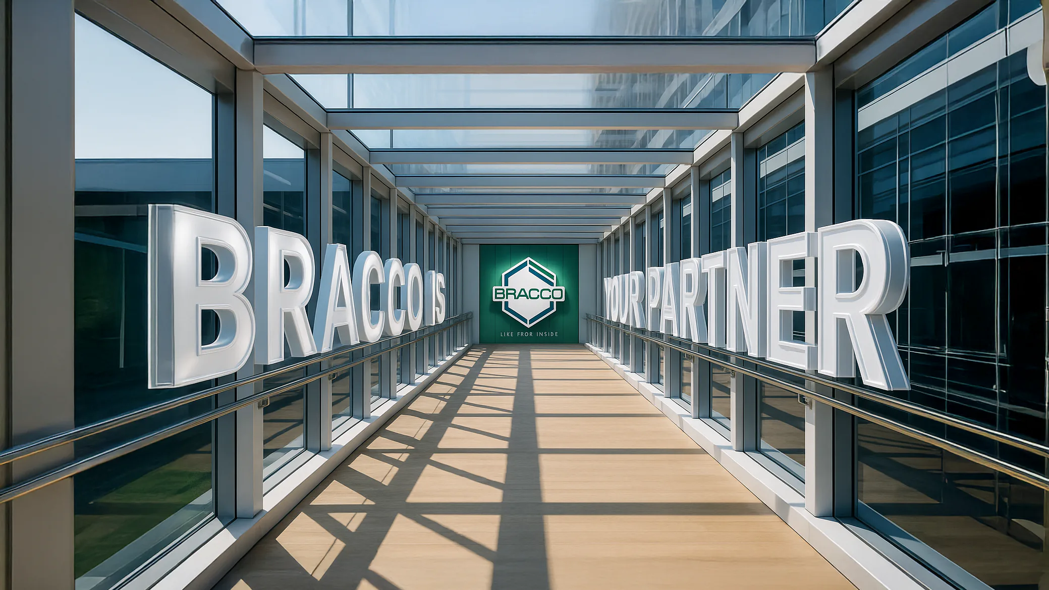 A modern healthcare corridor used as atmosphere in the HeartSee film.