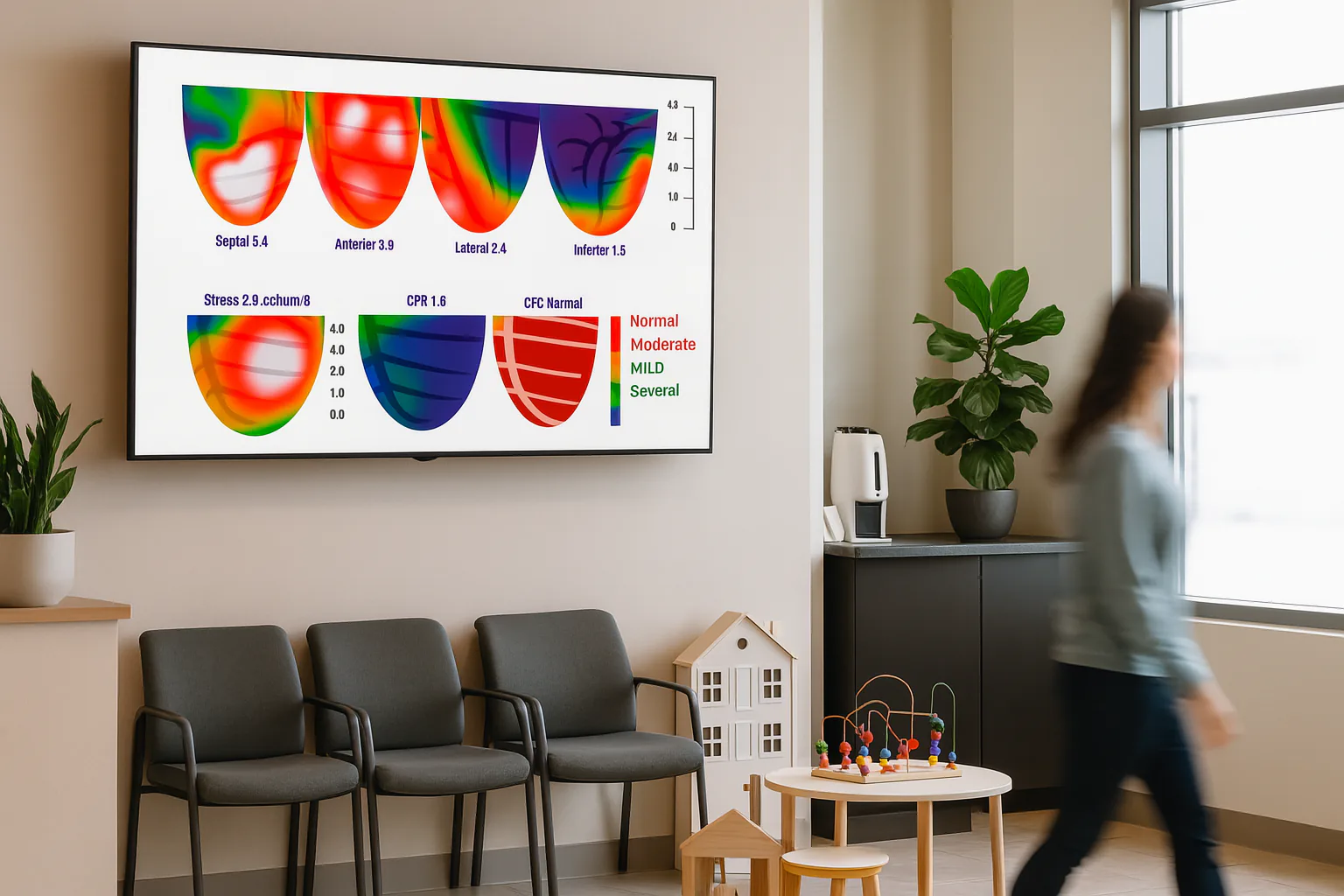 A contemporary medical waiting room with HeartSee diagnostic imagery displayed on the wall.