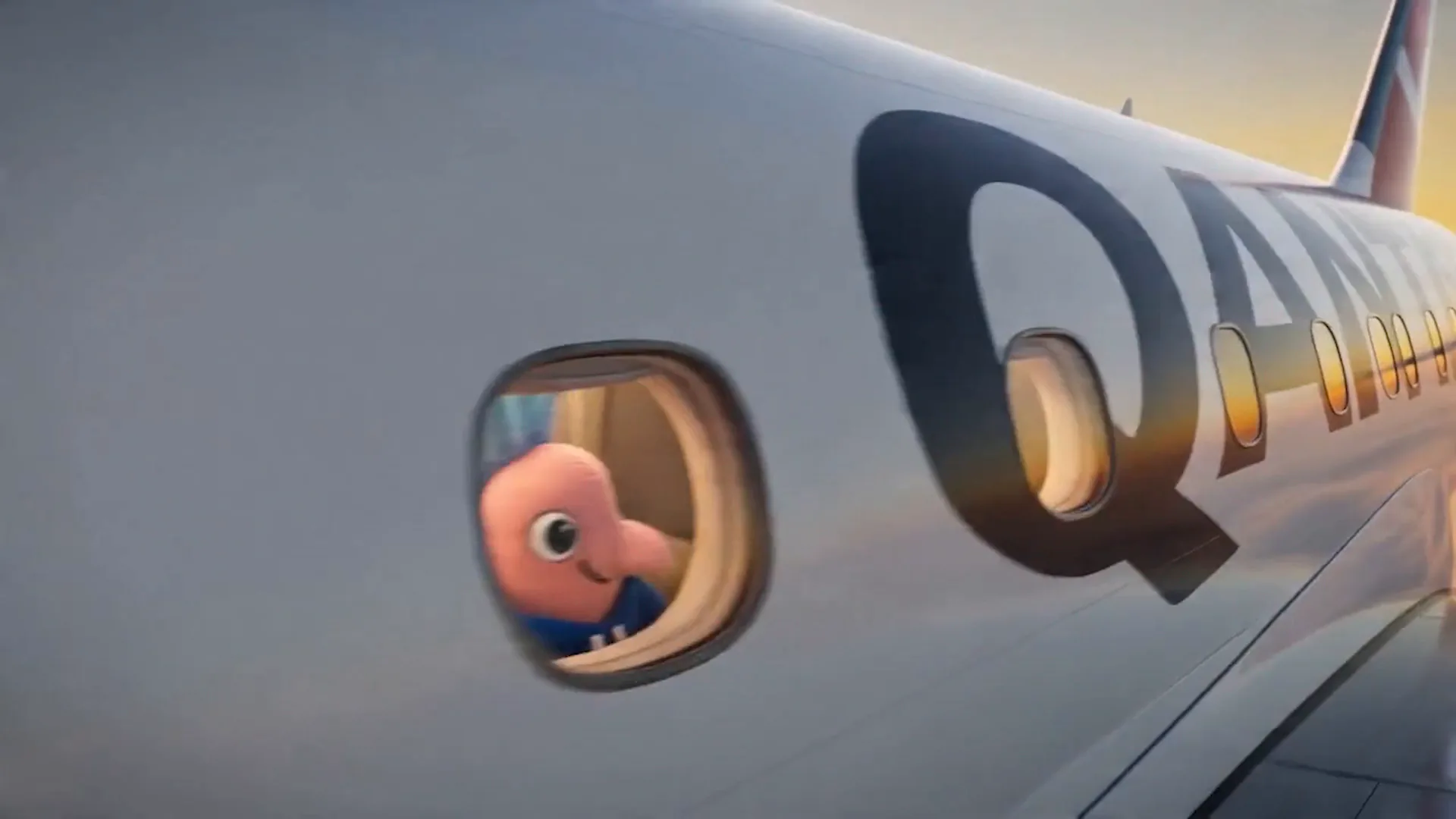 A Joey Club character looks through an aircraft window as another plane flies into a golden sky.