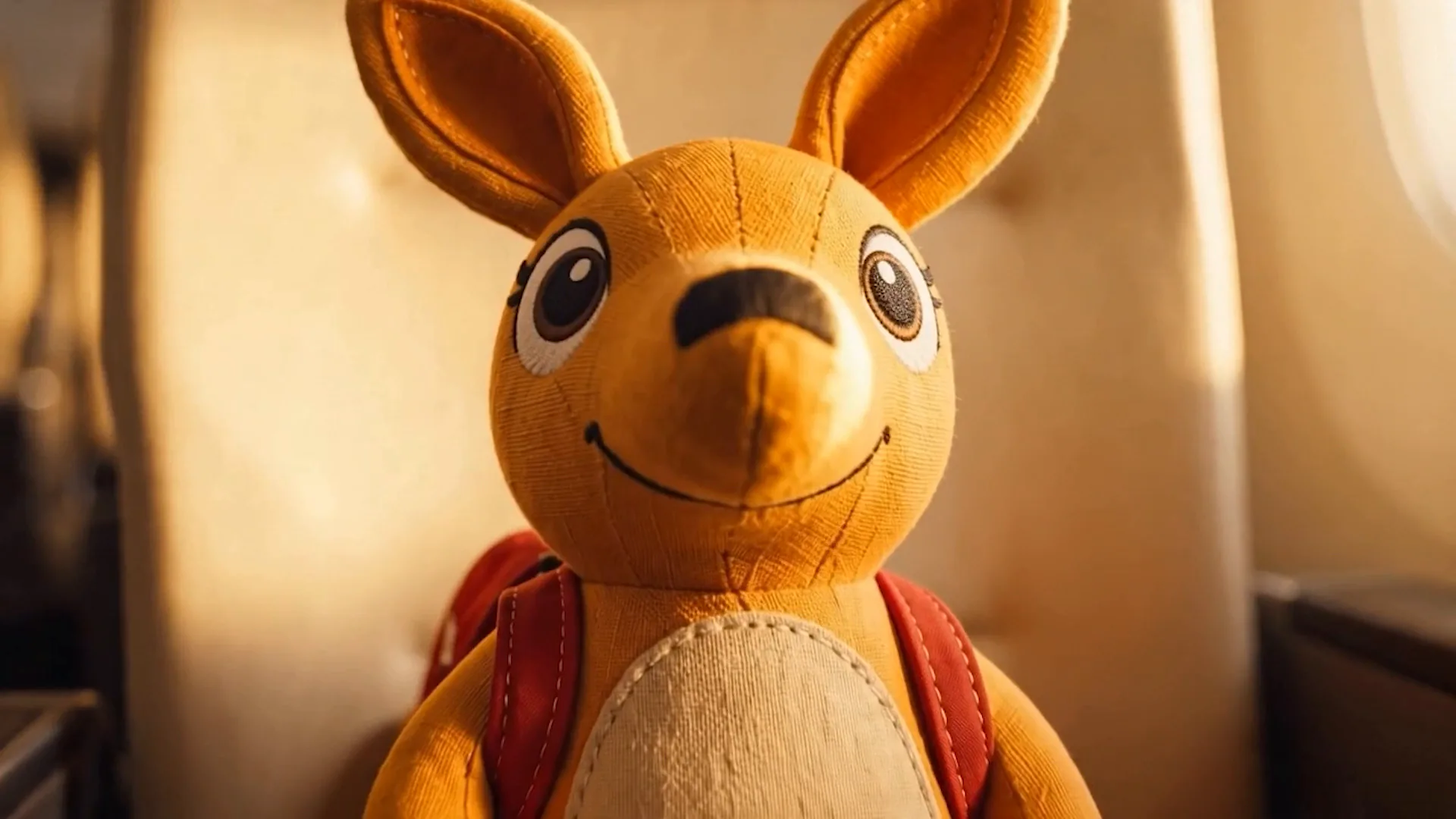 Four Joey Club animal characters gathered together inside an aircraft cabin.