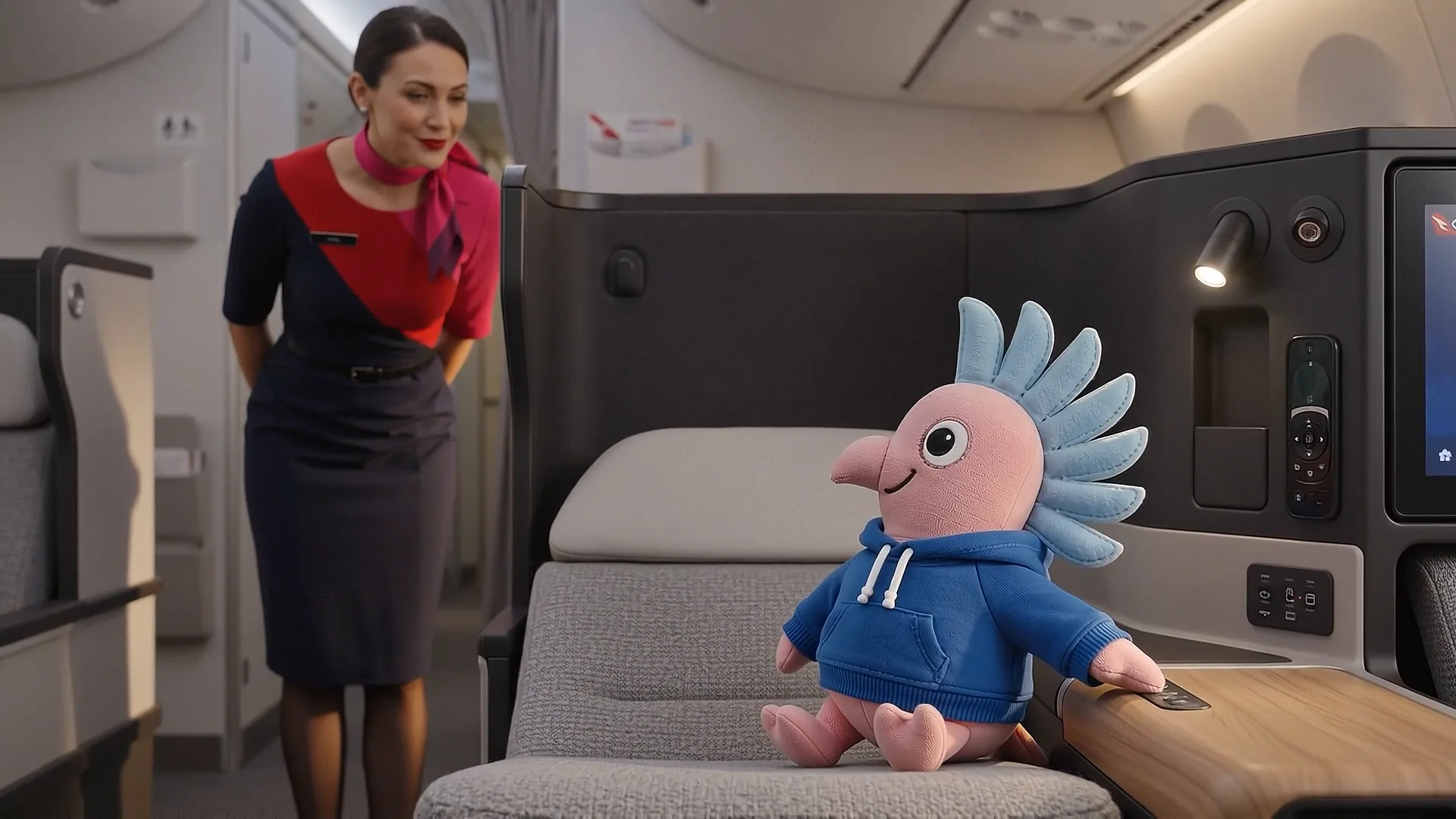 A Joey Club kangaroo character sits inside an aircraft cabin in warm sunrise light.