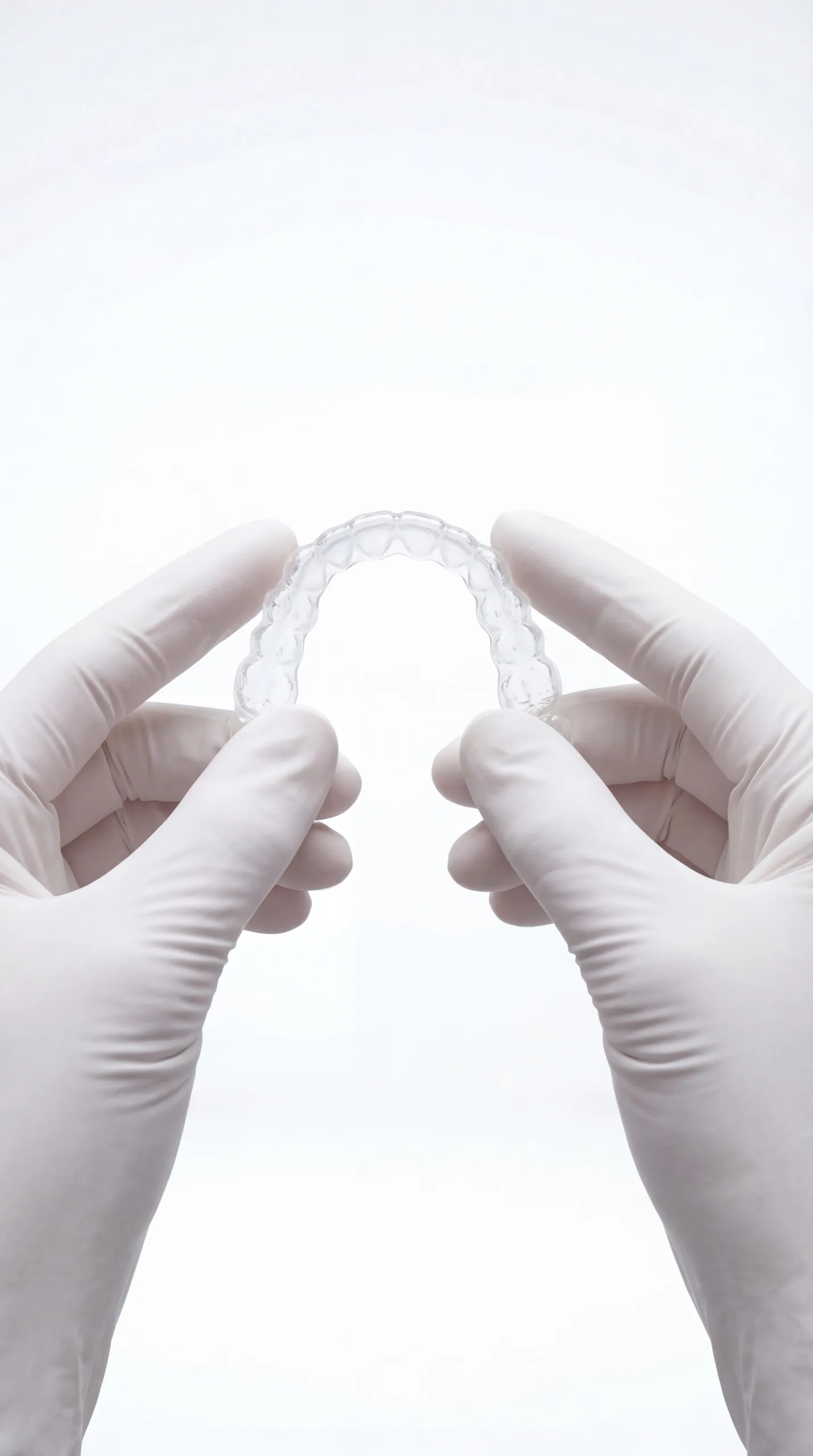 Gloved hands hold a clear dental aligner against a bright white field in a precise MANNA product frame.