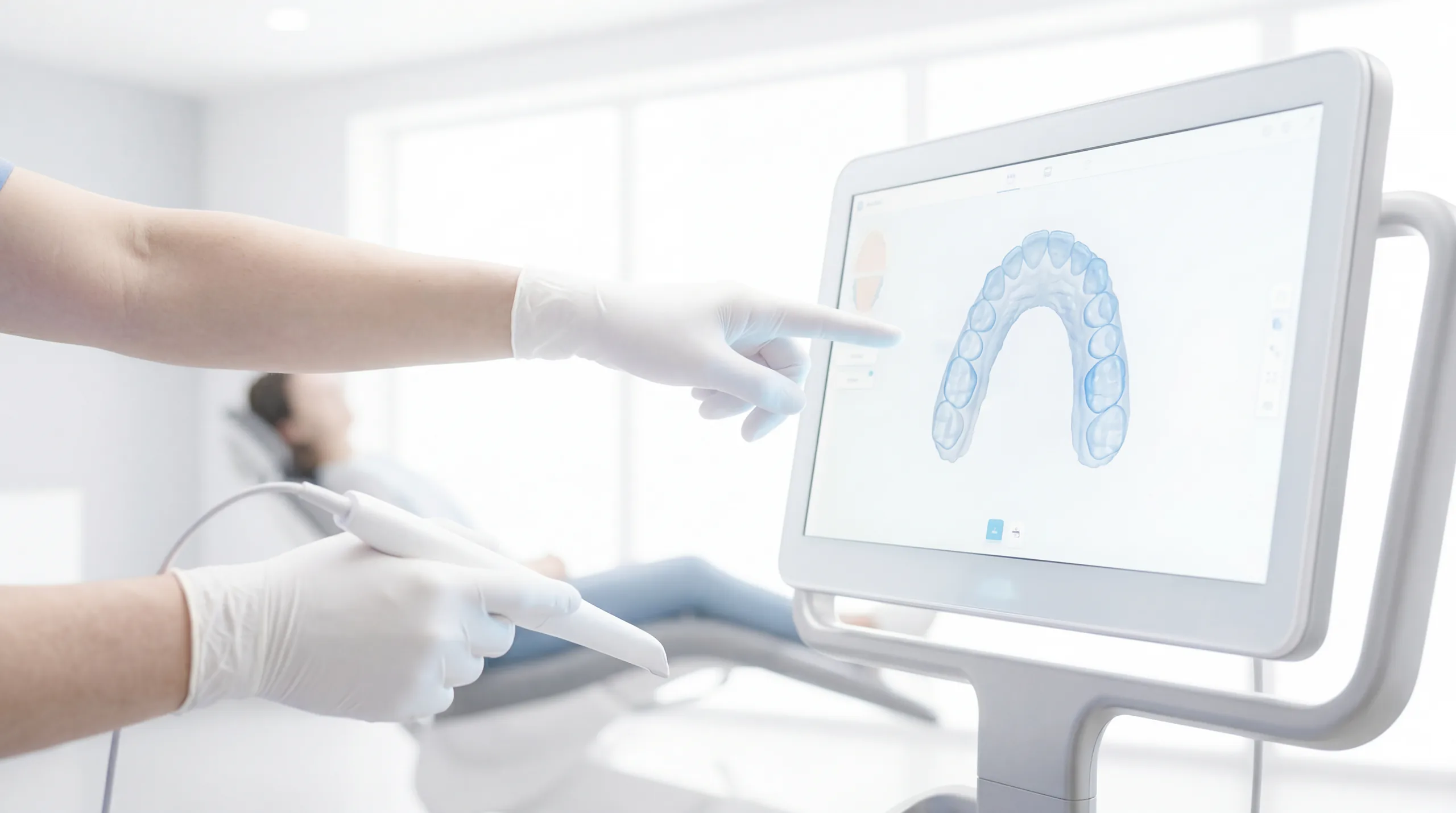 An orthodontic professional using an iTero scanner beside a digital model of a patient's teeth.