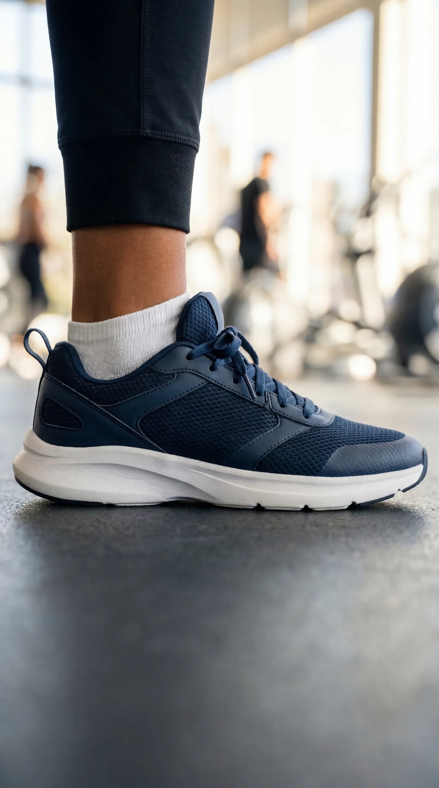 A navy Natural Balance sport shoe worn in a bright training environment.
