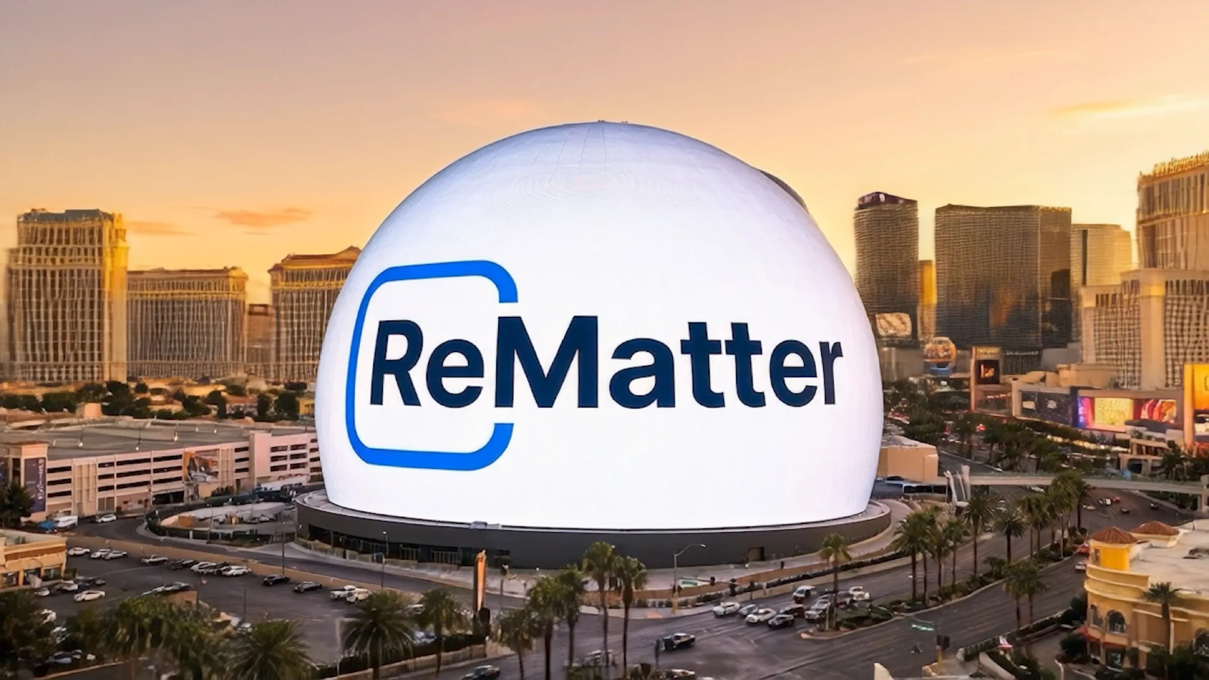 The ReMatter identity extended across the Las Vegas Sphere at sunset.